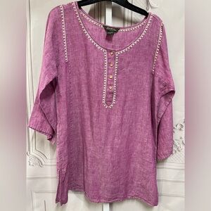 Eddie Bauer Pink Linen Embroidered Detail Lagenlook Boho Tunic Medium Top